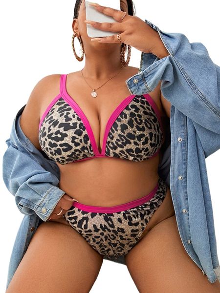 

plus leopard contrast binding triangle bikini swimsuit m8vz#, White;black