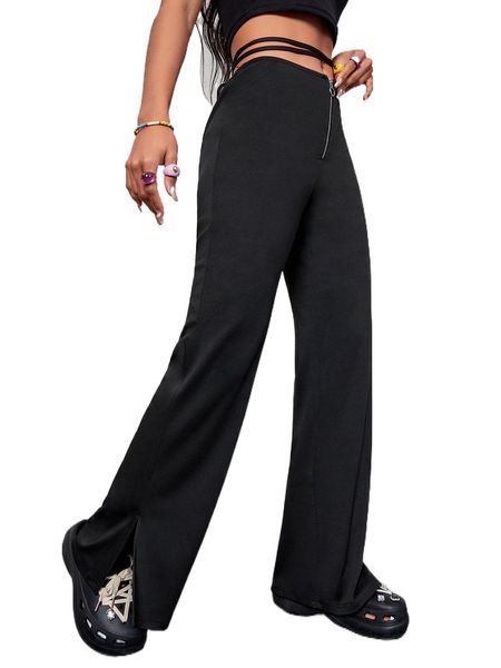 

tie back split hem pants r1cn#, Black;white