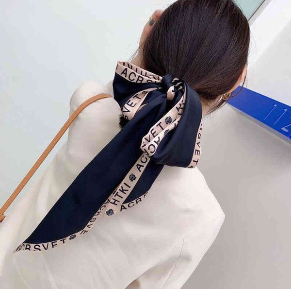 

designer silk head bag hair scarf european american pure color letter slender temperament small long silk scarf womens doublesided ribbon, Blue;gray