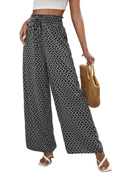 

allover print shirred tie front wide leg pants 49k1#, Black;white