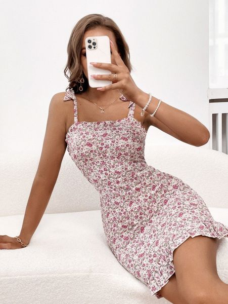 

ditsy floral tie shoulder ruffle hem cami dress c7hb#, Black;gray