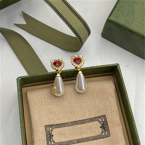 

shiny ruby diamond earrings charm women pearl pendant eardrop embossed stamp sapphire studs with gift box253c, Golden