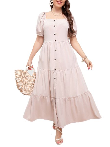 

plus button front puff sleeve ruffle hem dress c7bm#, Black