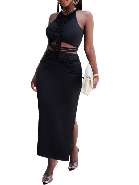 

drawstring tie back halter & split hem skirt r7nx#, White