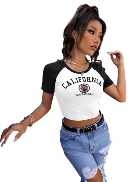 

letter graphic contrast raglan sleeve crop tee l8zj#, White