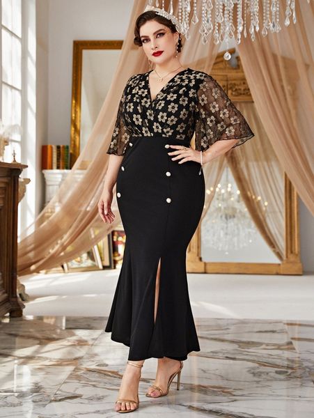 

plus lace insert butterfly sleeve mermaid hem dress v4qa#, Black