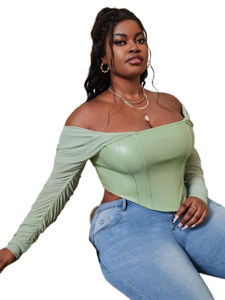 

sxy plus off shoulder sheer mesh sleeve patent crop l4jy#, Black