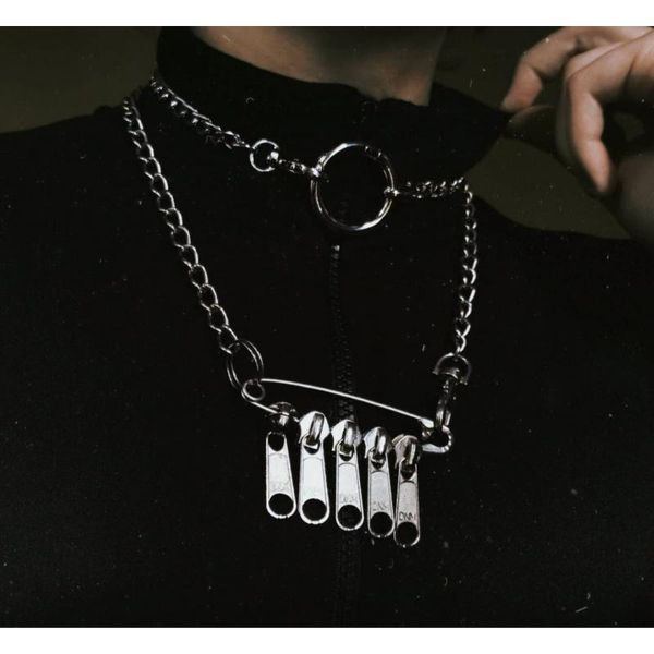Anhänger Halsketten Harajuku Straße personalisierte Pin Reißverschluss Kopf Halskette dunklen Stil Hip Hop Trend mehrschichtige Kreis Kette HalsketteAnhänger