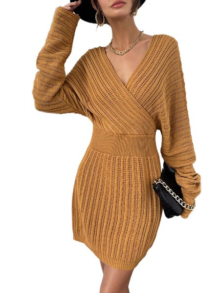 

surplice neck batwing sleeve sweater dress s5v8#, White;black