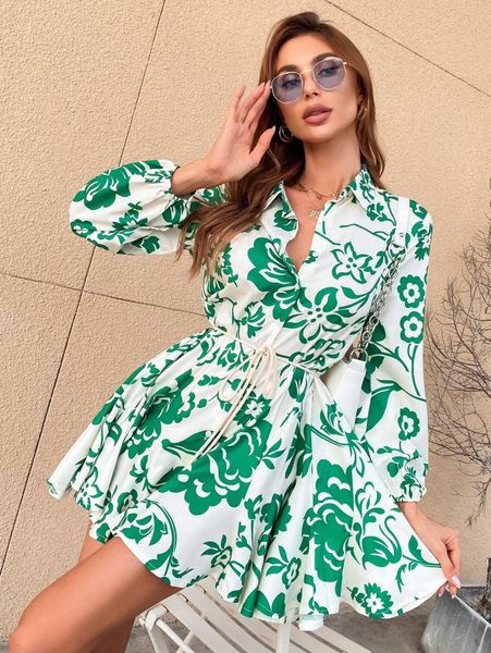 

floral print lantern sleeve belted shirt dress y3u2#, Black;gray