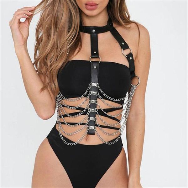 Damen Tanks Camis Goth Link Kette Aushöhlen Ernte Top Frauen Leder O Ringe Tank Tops Rave Festival mit Choker Sexy Party Clubwear Summ