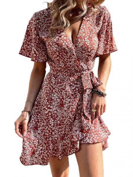 

d.itsy f.loral b.utterfly s.leeve b.elted w.rap d.ress g4je#, Black;gray