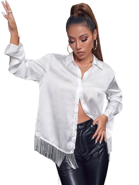 

button front fringe hem shirt 70tv#, White
