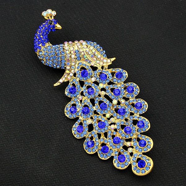 Broche de pavão de cristal de cristal azul de tamanho jumbo azul