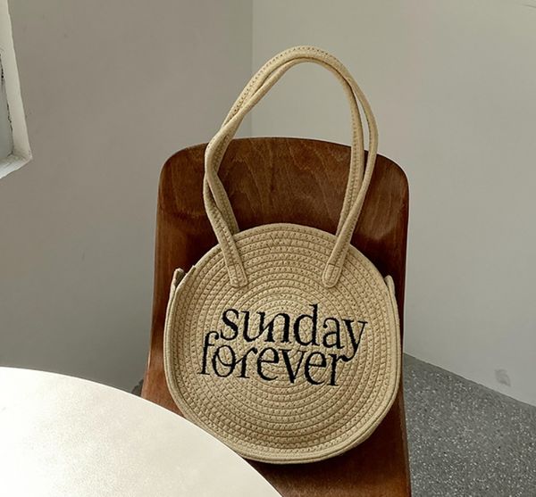 

new round women's shoulder bag cotton rope woven handbag bohemian straw beach bags handmade female messenger crossbody bag