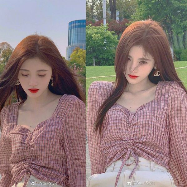 

women's polos ju jingyi pink purple plaid square neck drawstring bubble sleeve shirt shirt, White