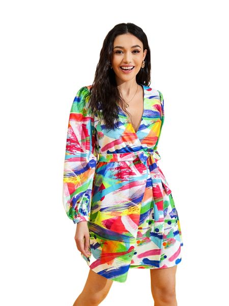 

x xenia lantern sleeve wrap tie side brush stroke dress 62fk#, Black;gray