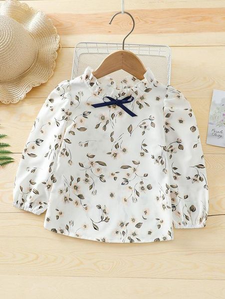 

toddler girls floral print lantern sleeve frilled neck bow blouse she, White;black