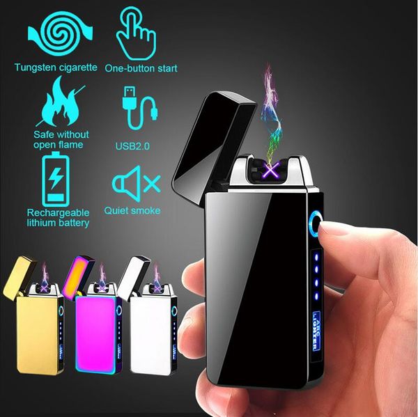Isqueiro elétrico de arco duplo isqueiros USB recarregáveis à prova de vento isqueiros de plasma sem chamas fumando com exibição de energia LED presentes masculinos