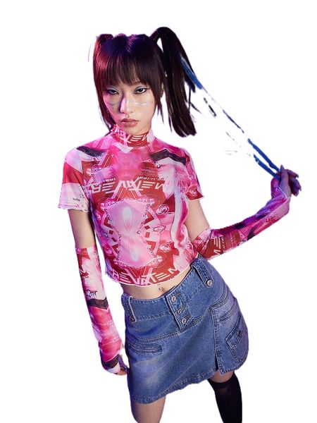 

romwe cyber luvr random letter graphic mesh with oversleeves o1qy#, White