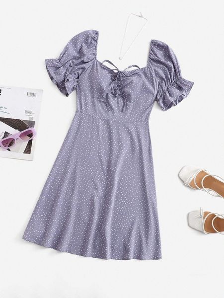 

plus polka dot flounce sleeve dress d3re#, Black