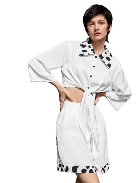 

x aini yang cow print collar knot hem crop blouse & shorts 22re#, White