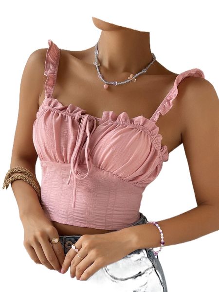 

ruched bust shirred back ruffle trim knot front crop cami g4in#, White