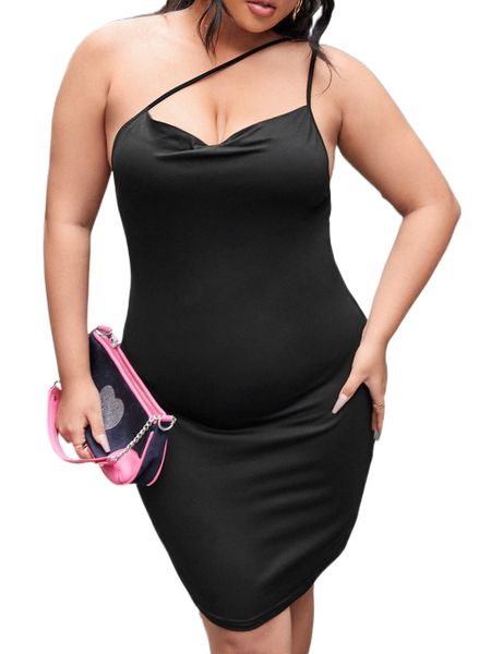 

plus solid asymmetrical neck draped front backless dress 40mm#, Black