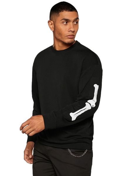 

men bone print drop shoulder sweatshirt 58zu#, Black