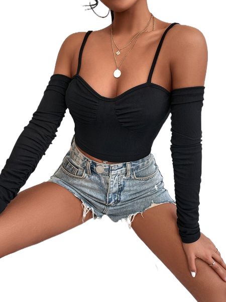 

cold shoulder solid crop d3l7#, White