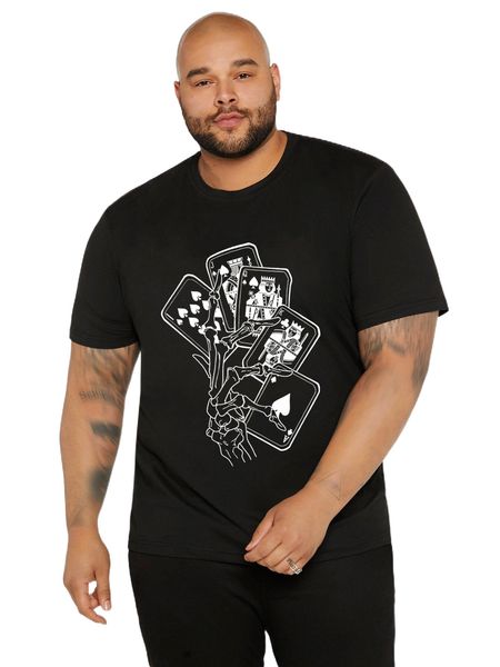 

extended sizes men skeleton hand & playing card print tee z35r#, White;black