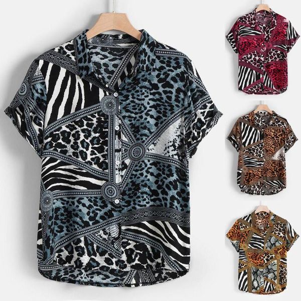 Мужские повседневные рубашки Мужские купальники Мужская летняя модная панель -панель Полосатая леопардовая мужская футболка с короткими рукавами