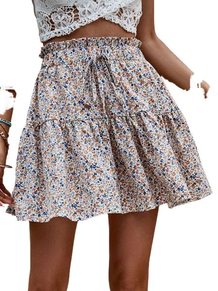

ditsy floral print tie paperbag waist ruffle hem skirt f20p#, Black