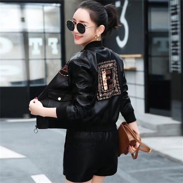 

theme 21 women fashion pu leather jacket zipper motorcycle coat short faux leather biker jacket soft bomber jacket female 210908, Black