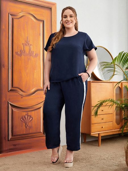 

emery rose plus flutter sleeve & contrast side seam pants s8yl#, Black