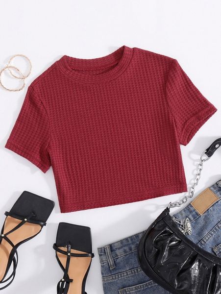 

waffle knit crop tee w5o5#, White