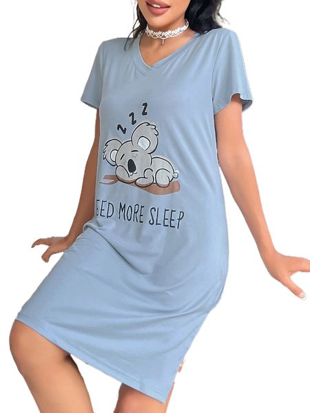 

letter & cartoon graphic split hem nightdress s6ho#, Black;red