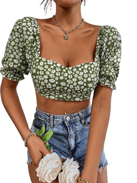 

floral print sweetheart neck puff sleeve tie backless crop blouse l4eo#, White