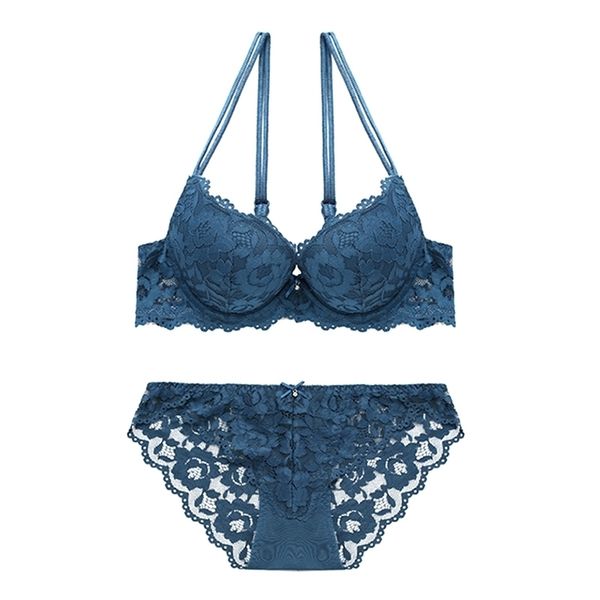 

fashion blue push up bra set deep v brassiere thick lingerie set lace women underwear set cotton comfortable b c cup y200415, Red;black