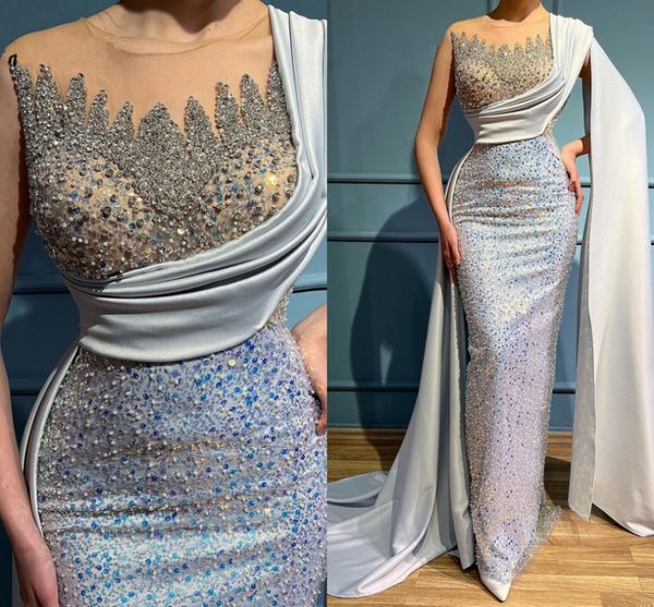 

elegant dubai beaded evening dress for women o neck mermaid sequin with cape sleeves satin long prom formal gowns custom made robe de soiree, Black;red