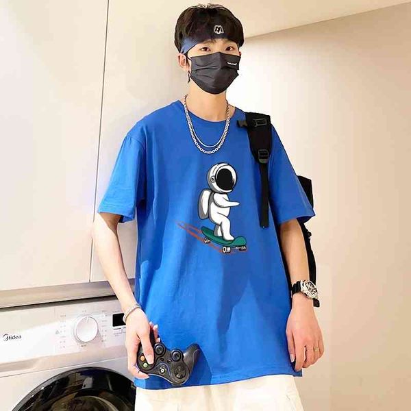 

t64#s20 nasa joint astronaut short sleeve t-shirt men's summer cotton versatile half loose t-shirt, White;black