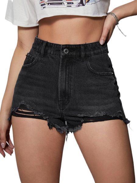 

high waist raw hem denim shorts u5fh#, White;black