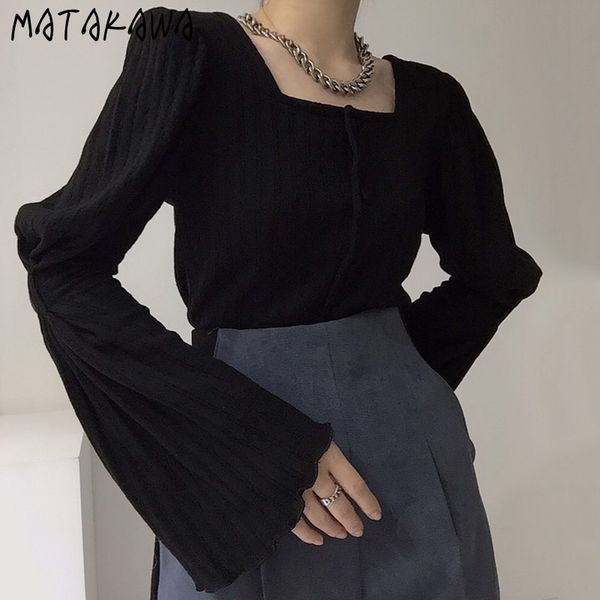 

flared sleeves knitted cardigan korean chic square collar sweater women singlebreasted pleated woman sweaters 210506, White