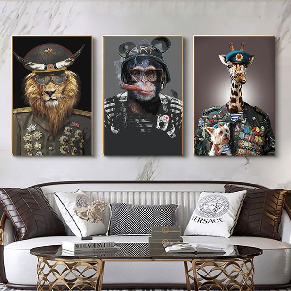 Monkey Lion Giraffe Posters e impress￵es Animal Retrato Arte da parede Telas de pintura de imagens para a sala Decora￧￣o dom￩stica