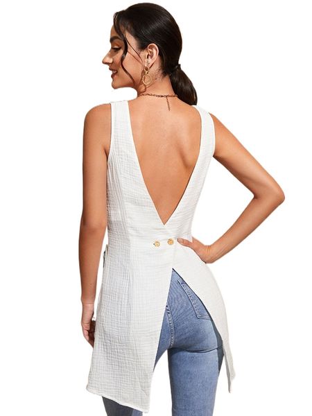 

open back buttoned detail asymmetrical hem f38l#, White
