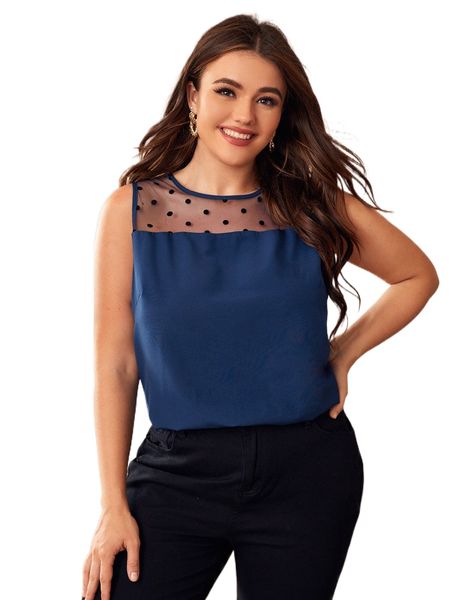 

plus contrast dobby mesh sleeveless blouse t0bs#, Black