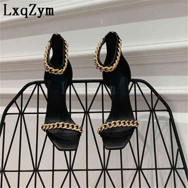 

dress shoes summer super high heel women genuine leather sandals metal chain band thin stilettos square toe pearls decor 10cm, Black