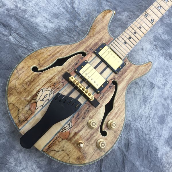 

custom semi-hollow jazz electric guitar spalted maple body building cream f hole inlays stars original