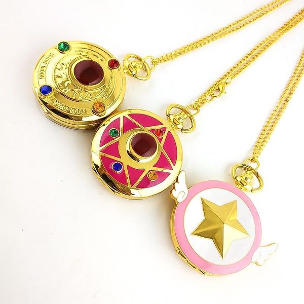 Pocket Watches Rhinestone Cartoon Sakura Anime Japão Estrelas Lua Quartz Assista Moda Mulher Colar Pingente Cadeia GiftSpocket