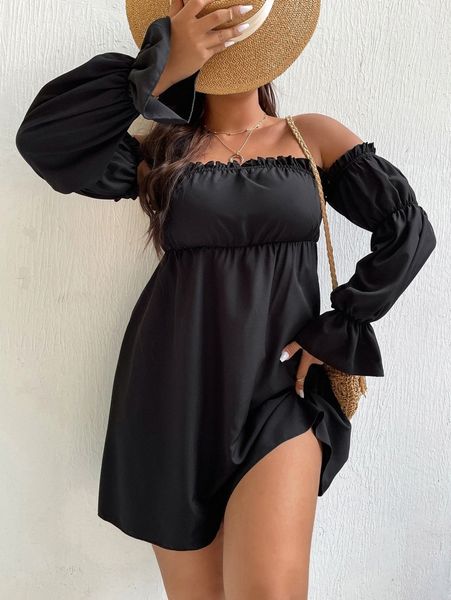 

plus off shoulder frill trim flounce sleeve dress 45z4#, Black